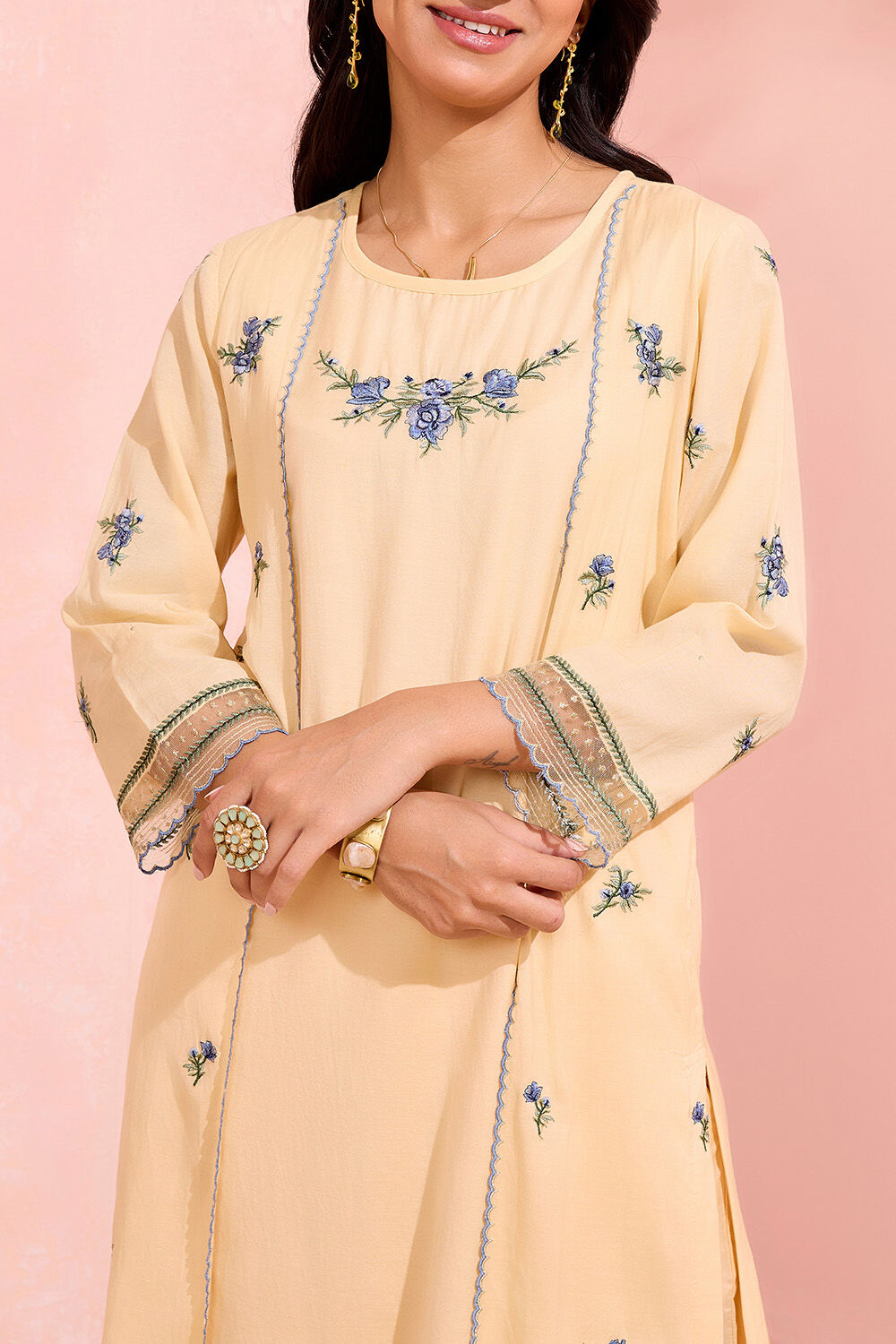 Light Yellow Viscose Embroidered Kurta Set image number null
