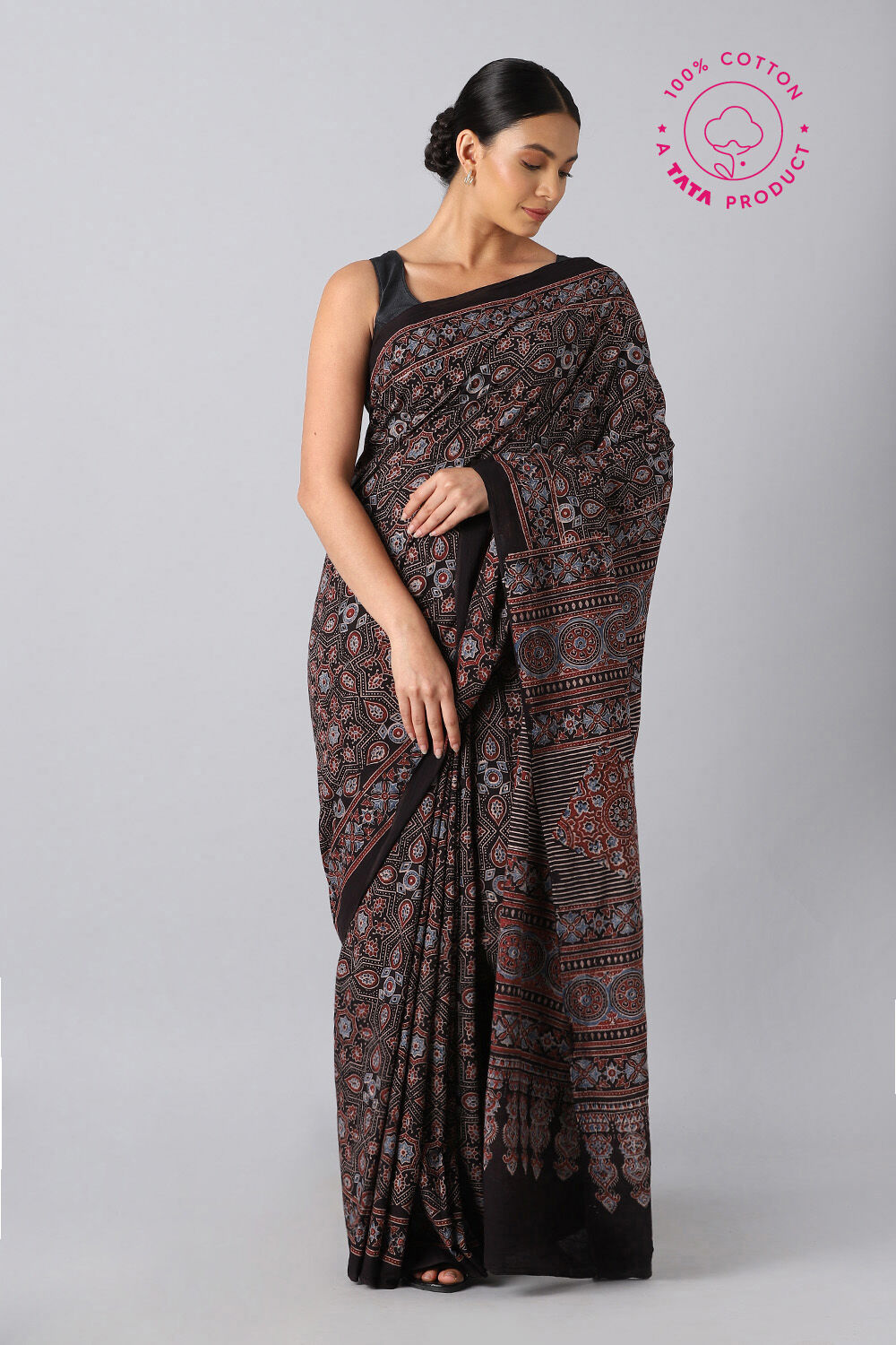 Black Pure Cotton Ajrakh Printed Saree image number null