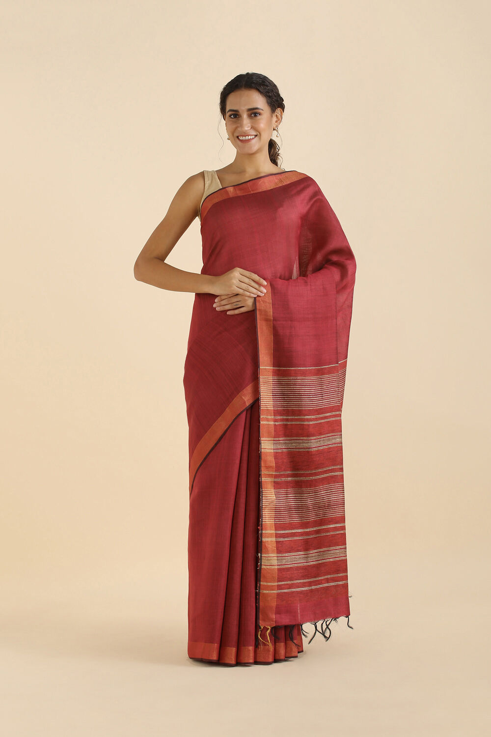 Dark Red Pure Silk Viscose Bhagalpuri Saree image number null
