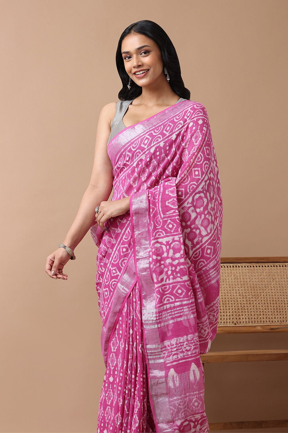 Light Pink Cotton Viscose Rajasthan Block Printed Saree image number null