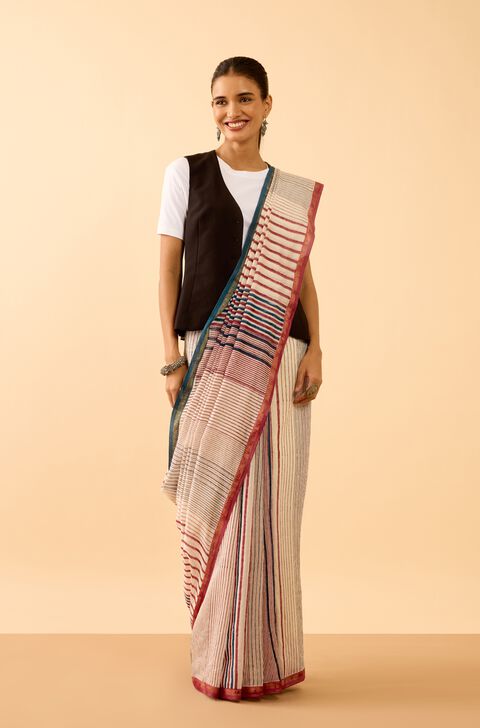Off White Rajasthan Pure Silk Cotton Printed Sanganeri Saree