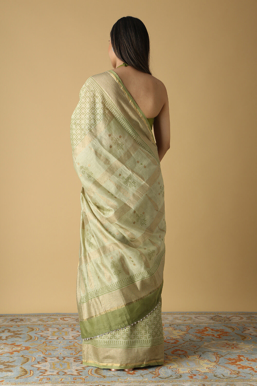 Green Silk Cotton Hand Printed Saree image number null