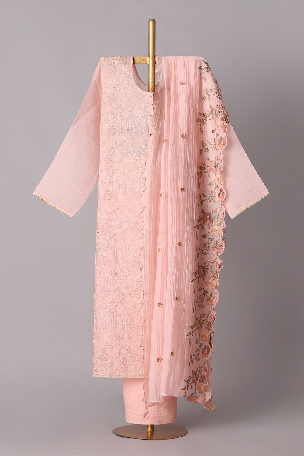 Pink Silk Cotton Embroidered Semistitched Suit Set image number null