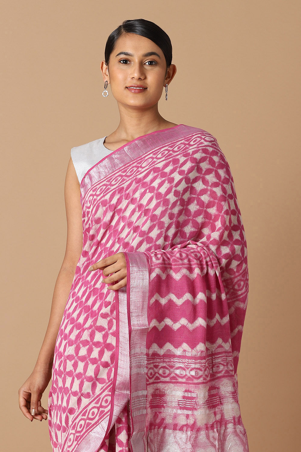 Pink Pure Cotton Linen Bagru Printed Saree image number null