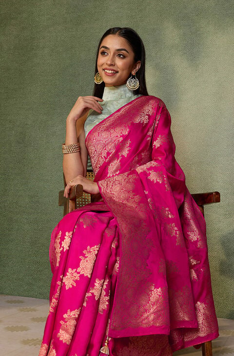 Pink Woven Viscose Satin Saree