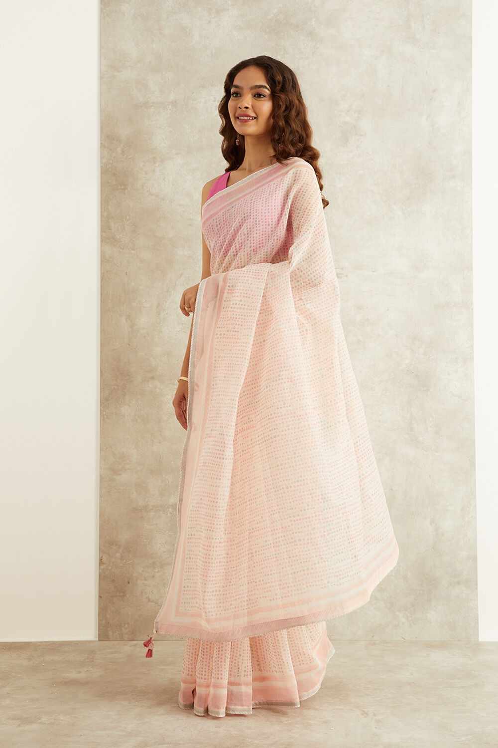 Pink Printed Mukaish Pure Silk Cotton Rajasthan Saree image number null