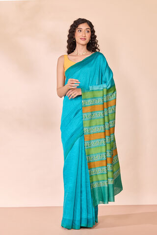 Blue Block Printed Silk Muga Saree thumbnail image number null