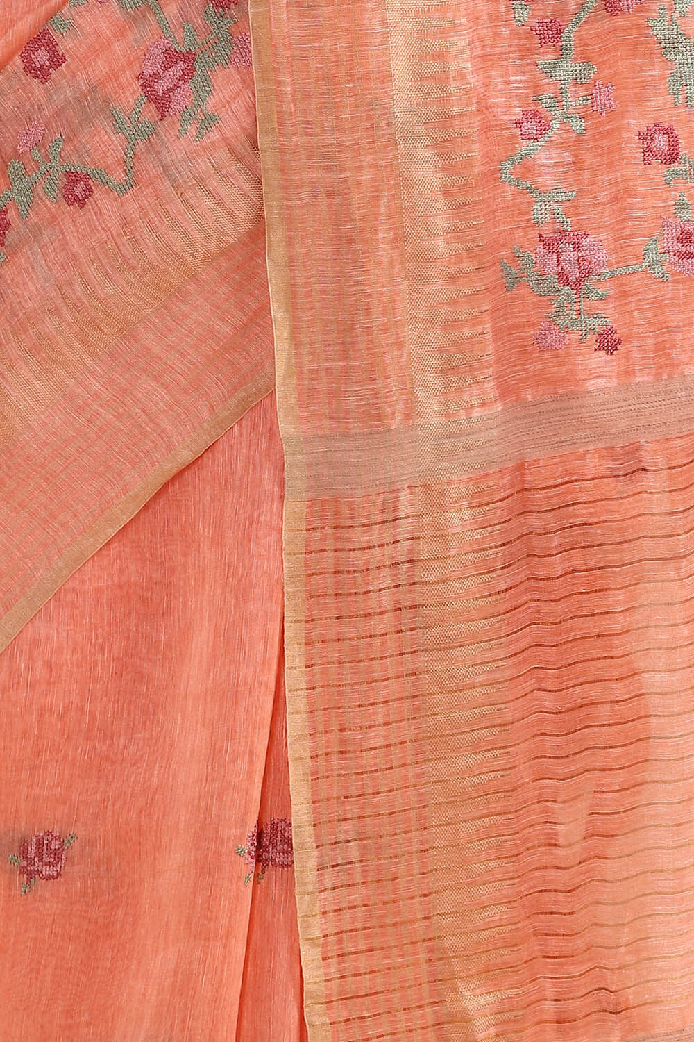 Light Orange Pure Silk Linen Embroidered Saree image number null