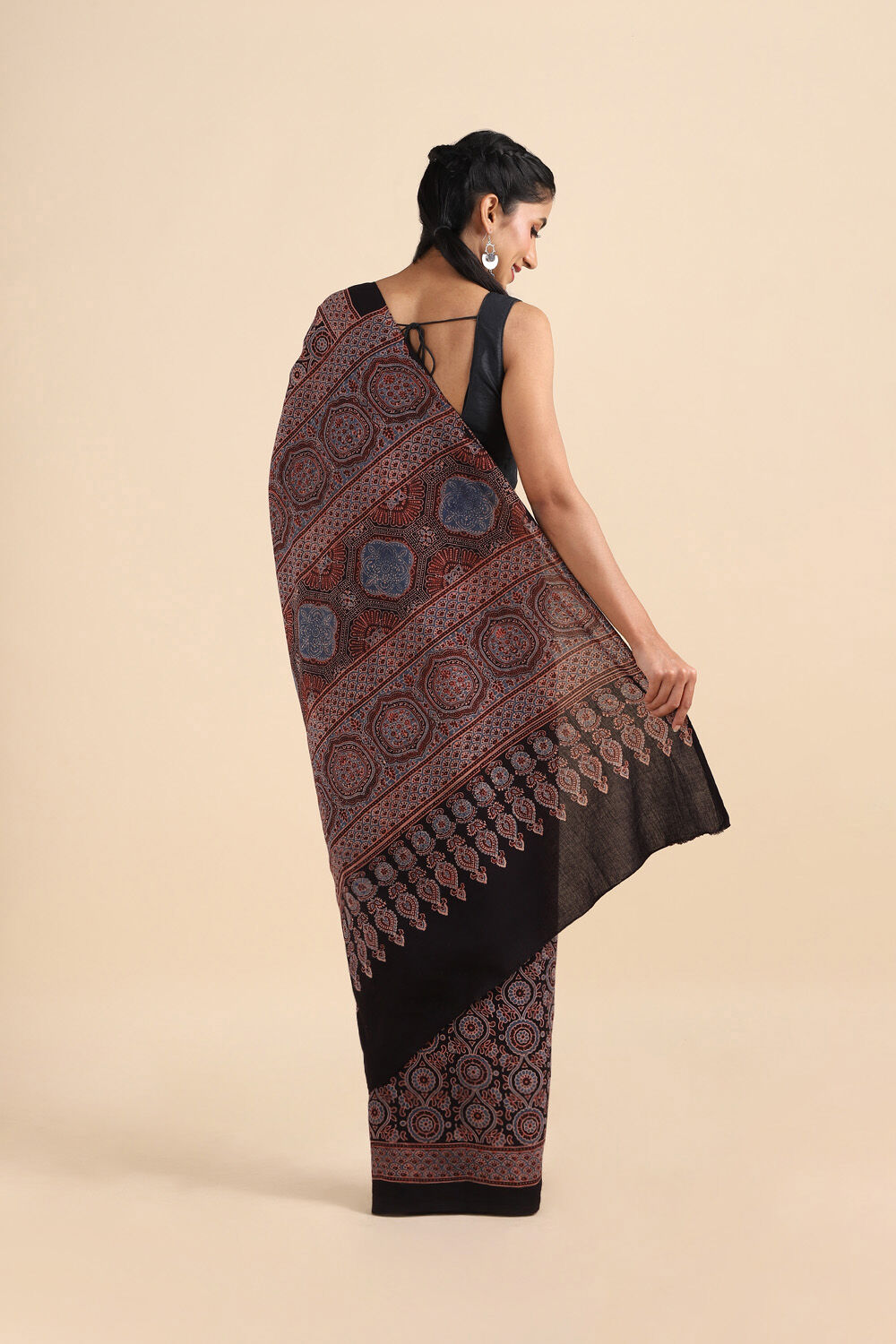 Black Pure Cotton Ajrakh Printed Saree image number null