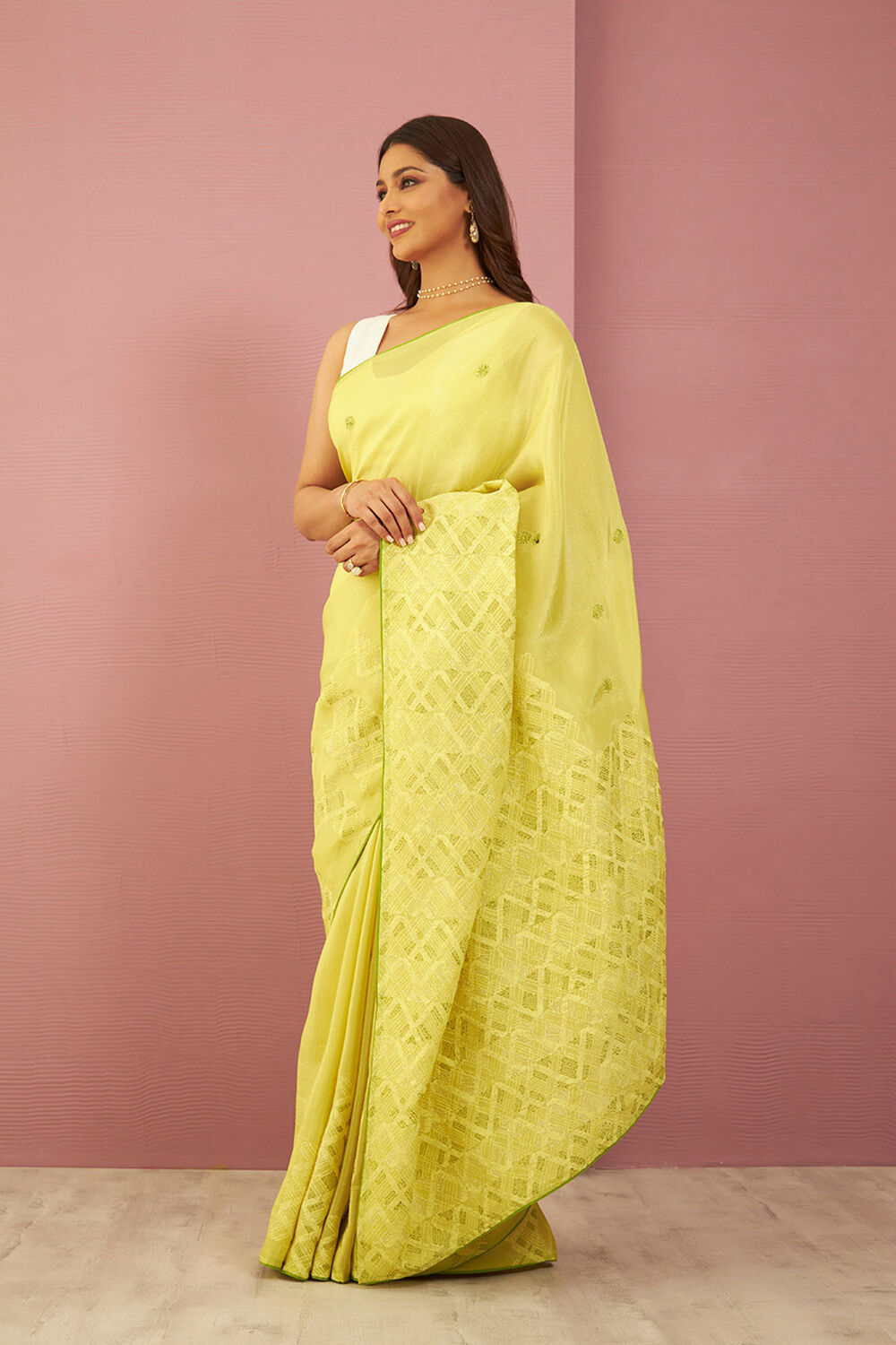 Yellow Pure Tissue Organza Printed Embroidery Saree image number null