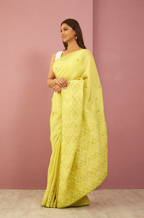 Yellow Pure Tissue Organza Printed Embroidery Saree