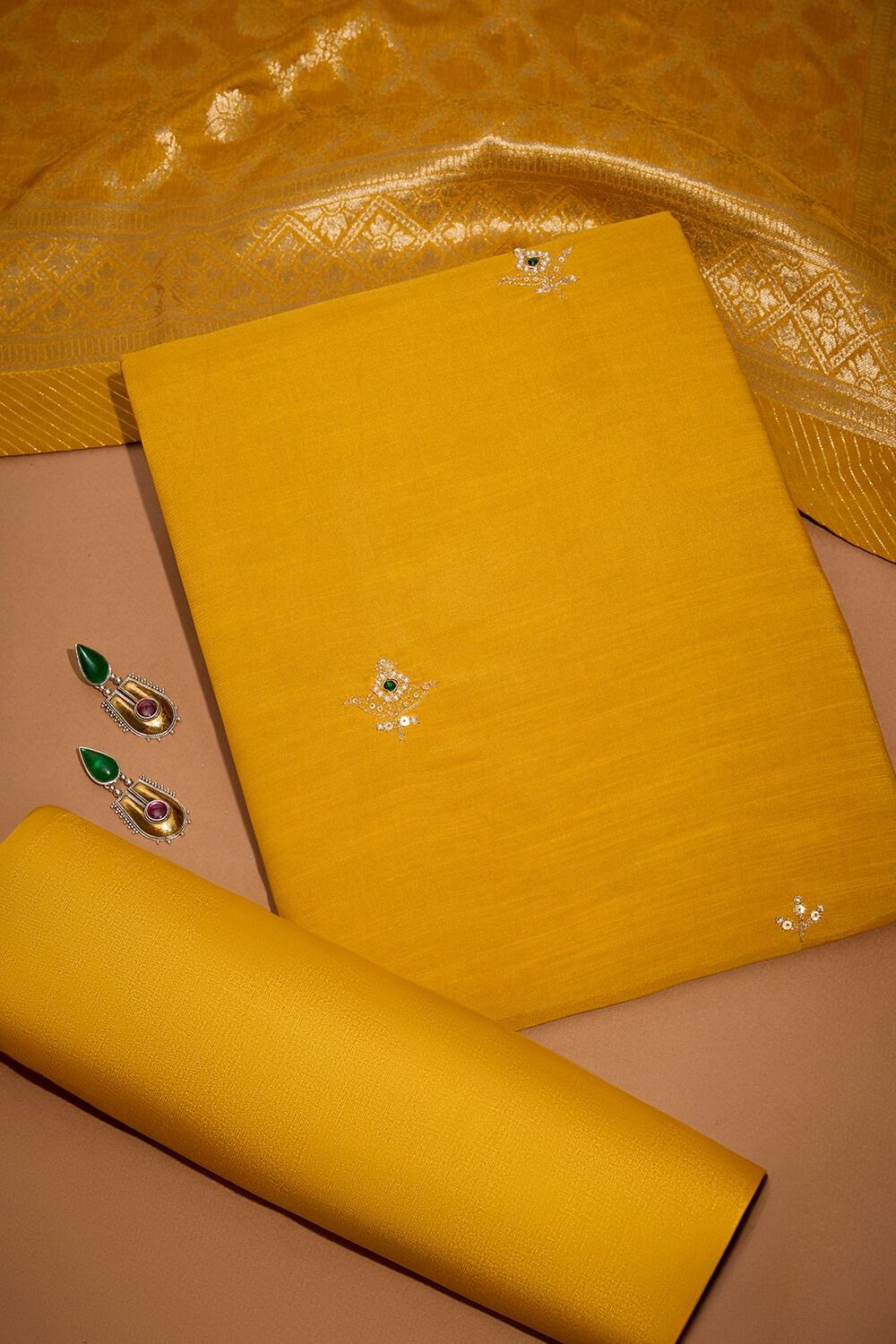 Yellow Viscose Embroidered Unstitched Suit Set image number null