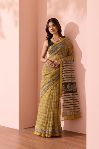 Yellow Rajasthan Bagru Block Printed Pure Cotton Kota Saree image number