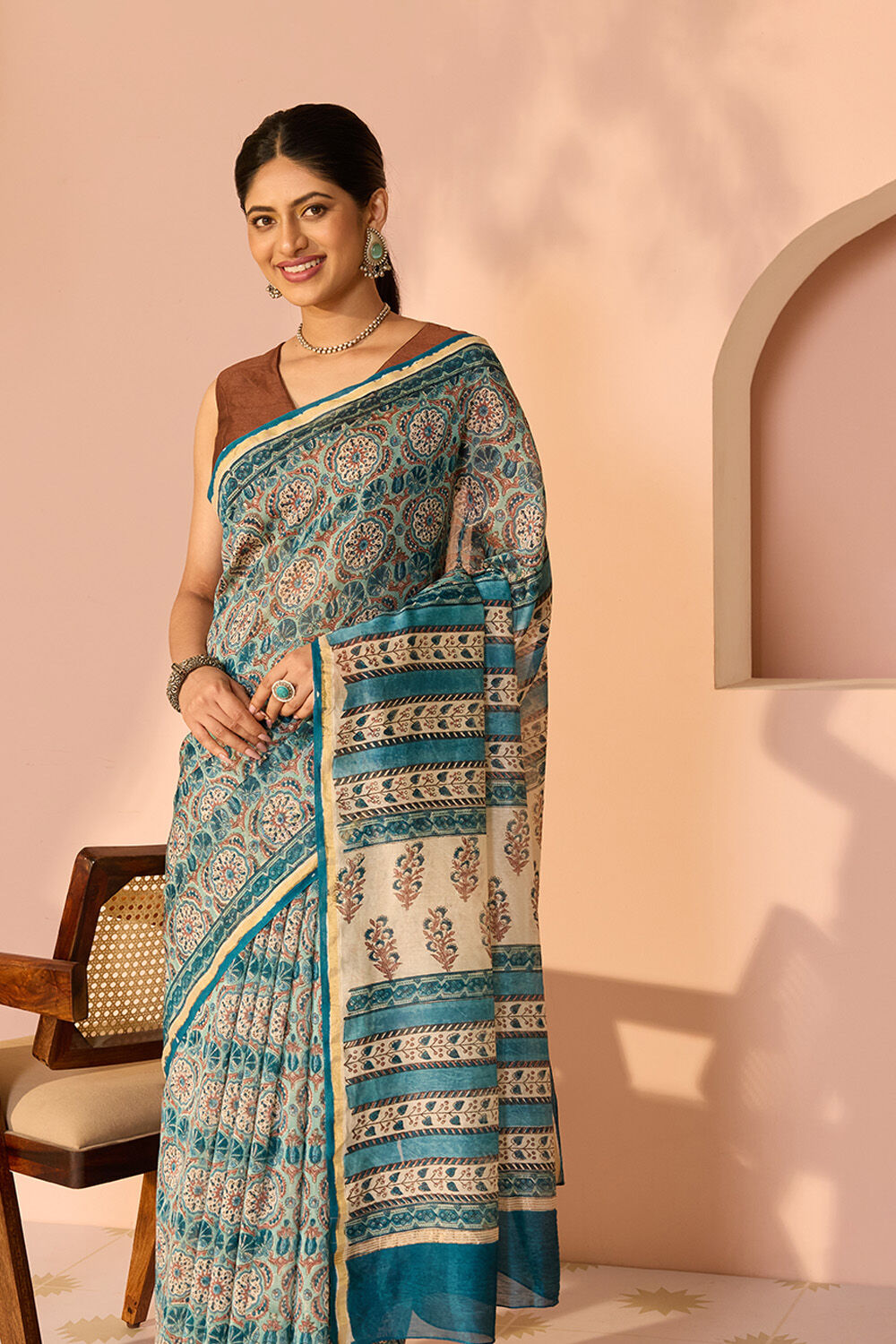 Blue Rajasthan Pure Silk Cotton Printed Sanganeri Saree image number null