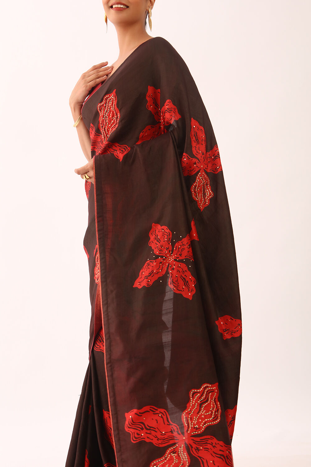 Brown Pure Silk Hand Painted Saree image number null