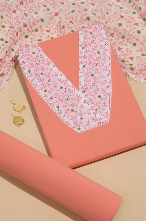 Light Orange Pure Cotton Chikankari Unstitched Suit Set