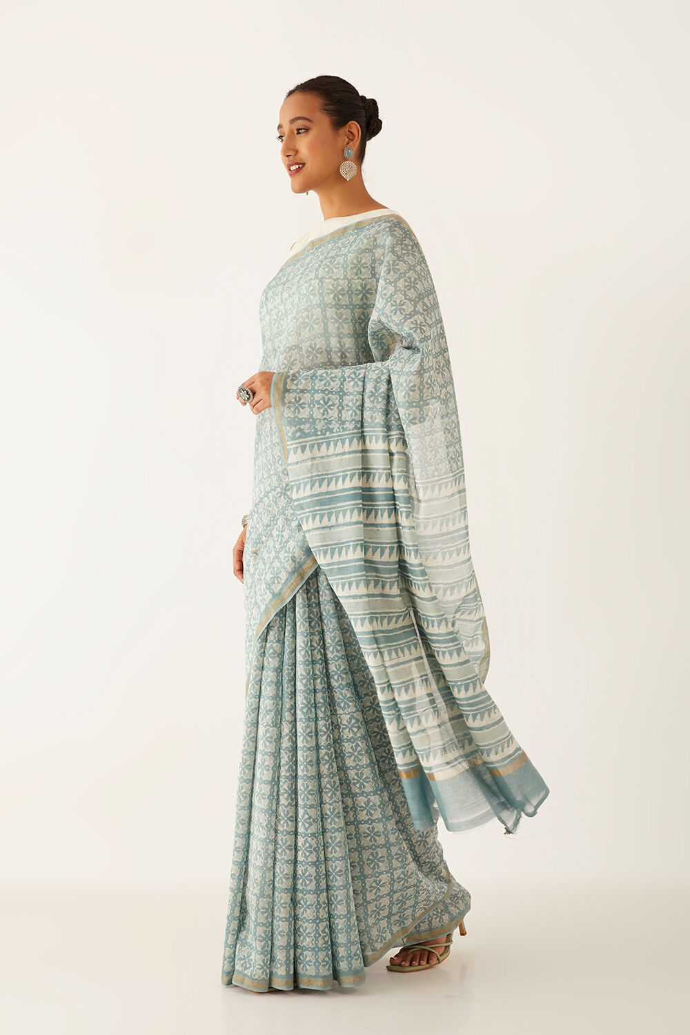 Grey Pure Silk Cotton Dabu Block Printed Saree image number null
