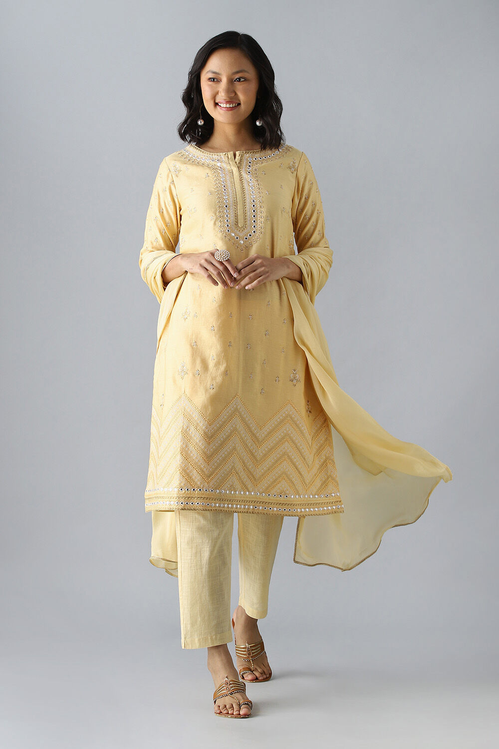 Light Yellow Embroidered Silk Cotton Kurta Set image number null