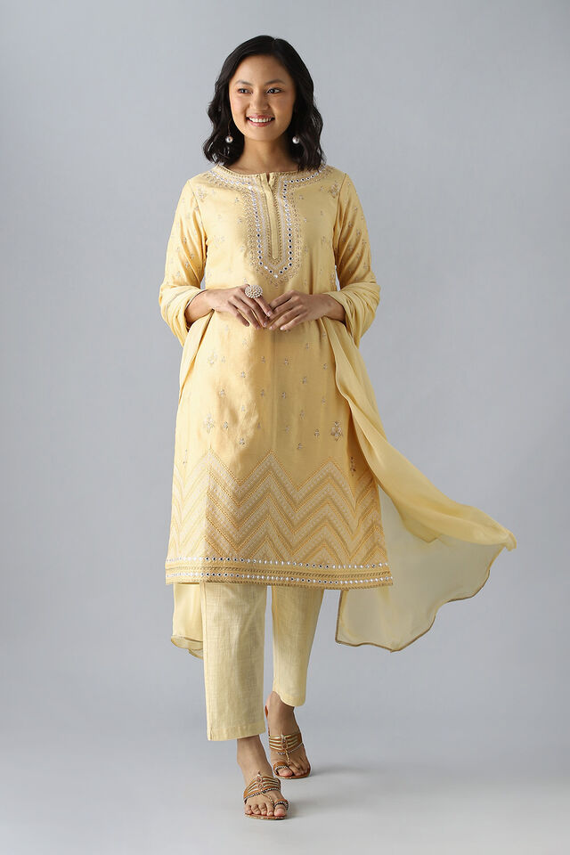 Light Yellow Embroidered Silk Cotton Kurta Set