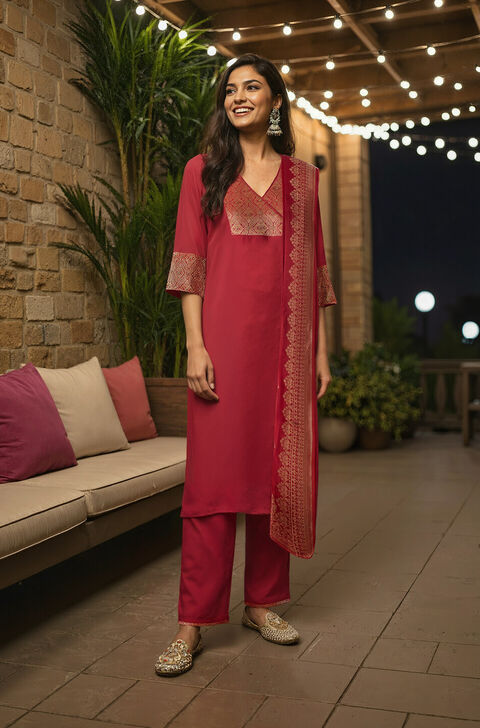 Red Brocade Pure Viscose Kurta Set