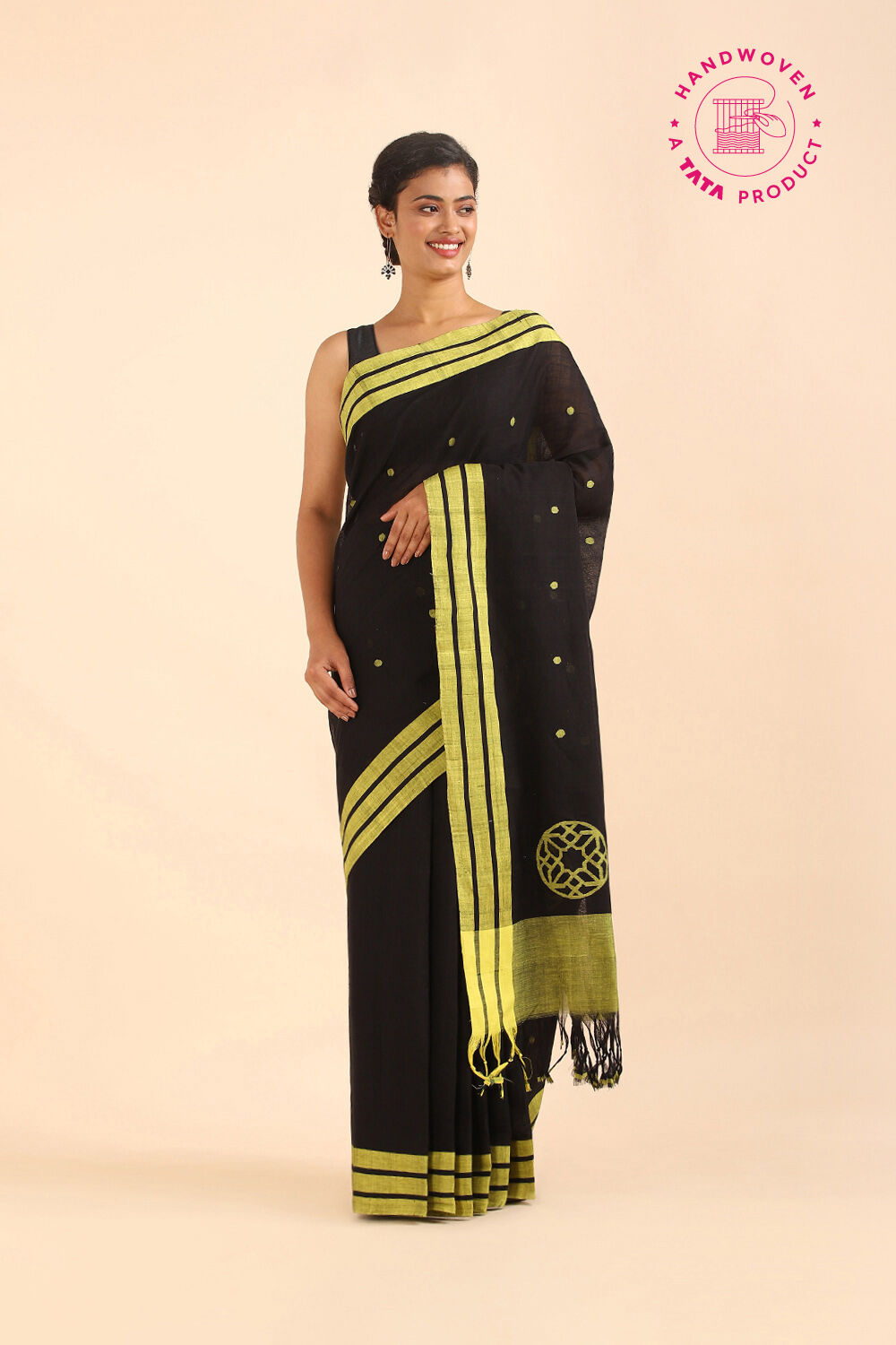 Black Pure Khadi Cotton Ponduru Jamdani Saree image number null