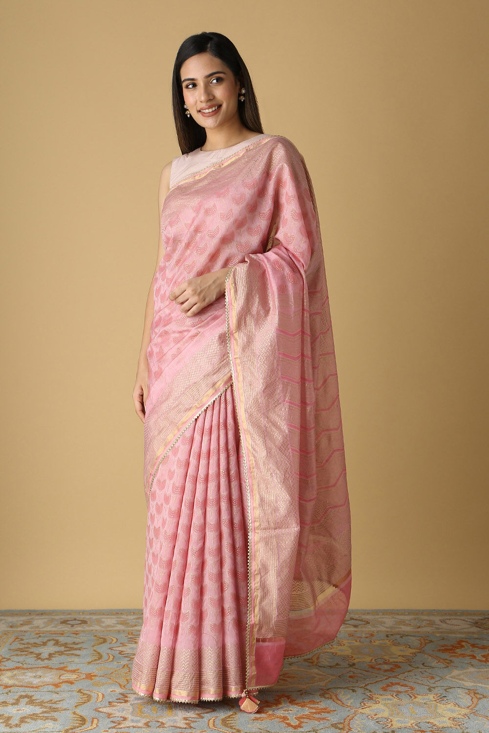 Pink Pure Silk Cotton Hand Printed Saree image number null