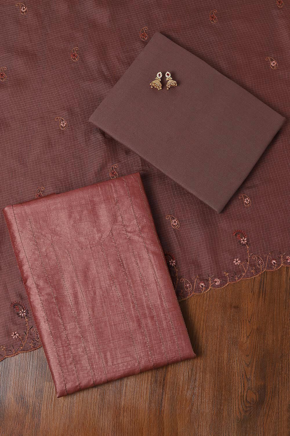 Brown Tussar Embroidered Unstitched Suit Set image number null