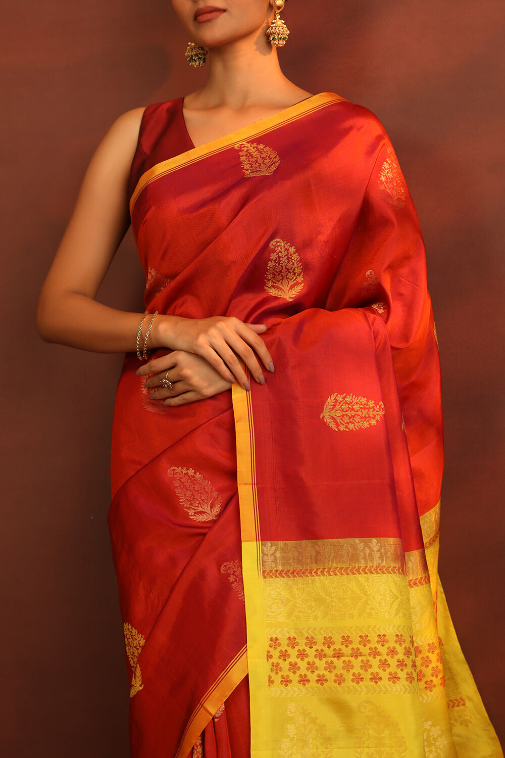 Dark Orange Woven Pure Soft Silk Saree image number null