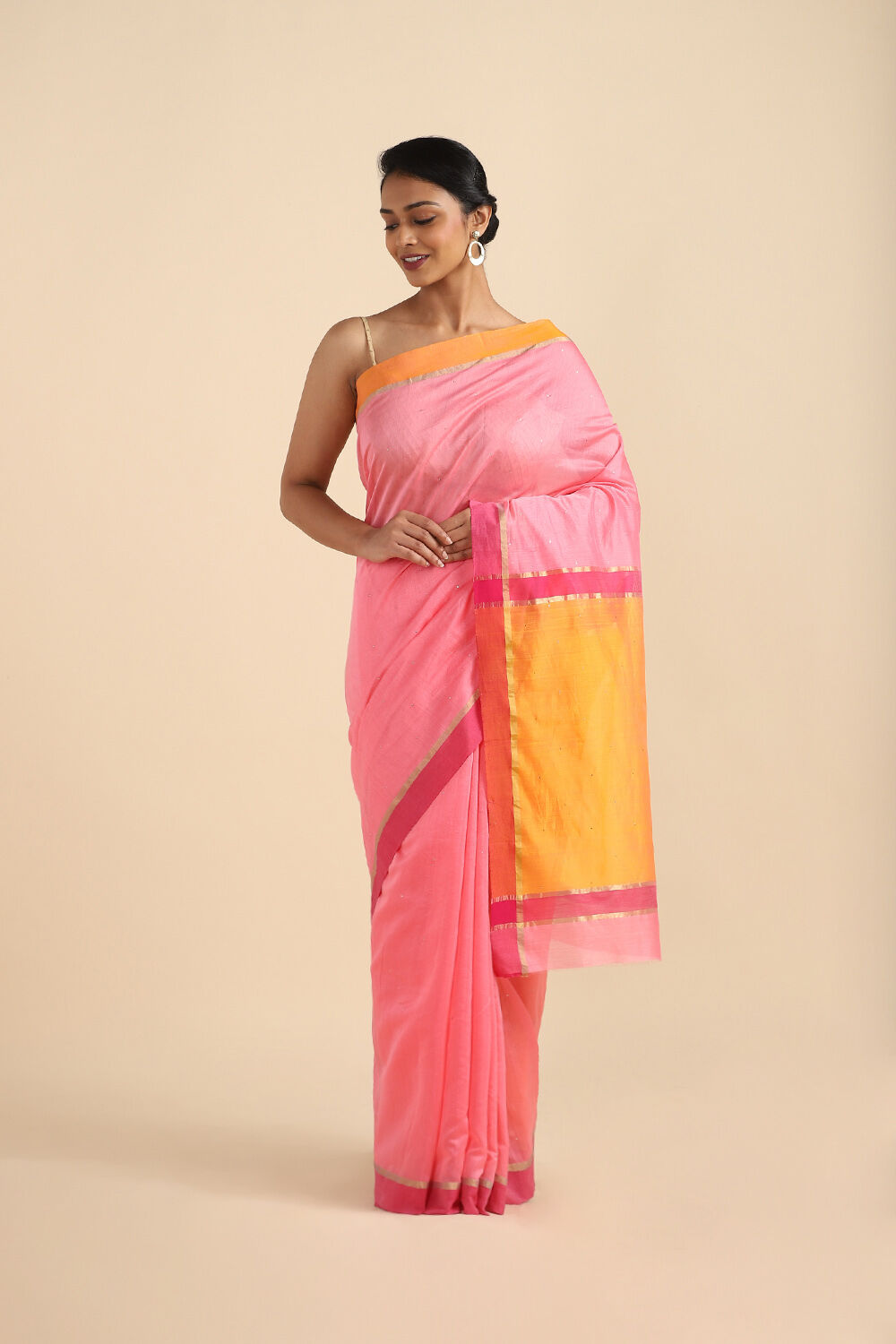 Light Pink Pure Silk Cotton Mukaish Work Saree image number null
