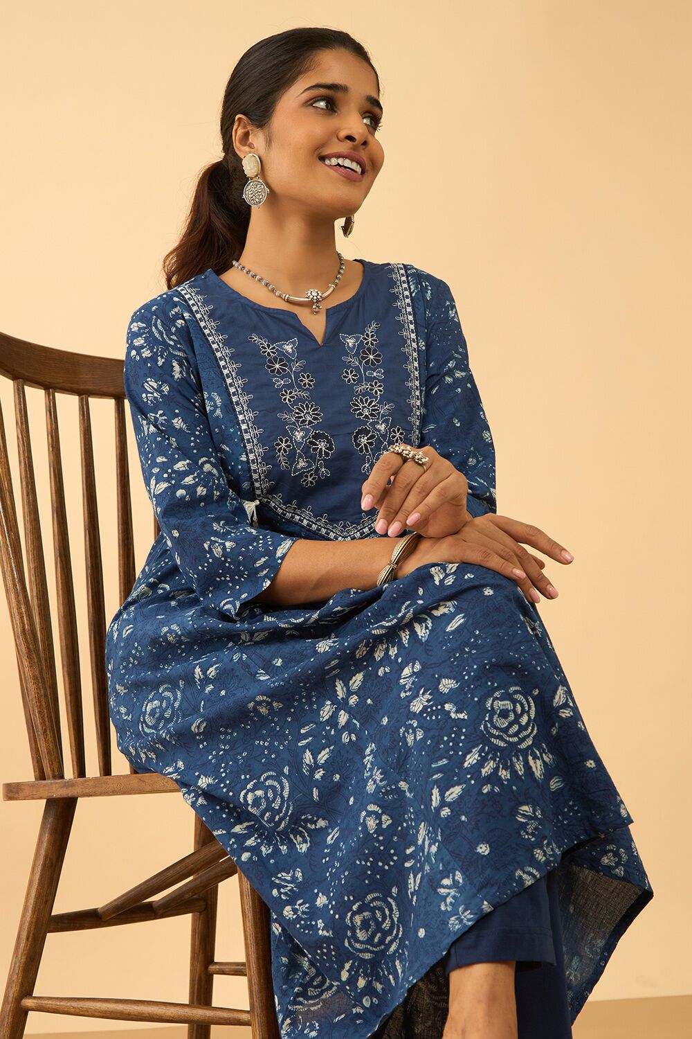 Blue Pure Cotton Printed Embroidered Kurta image number null