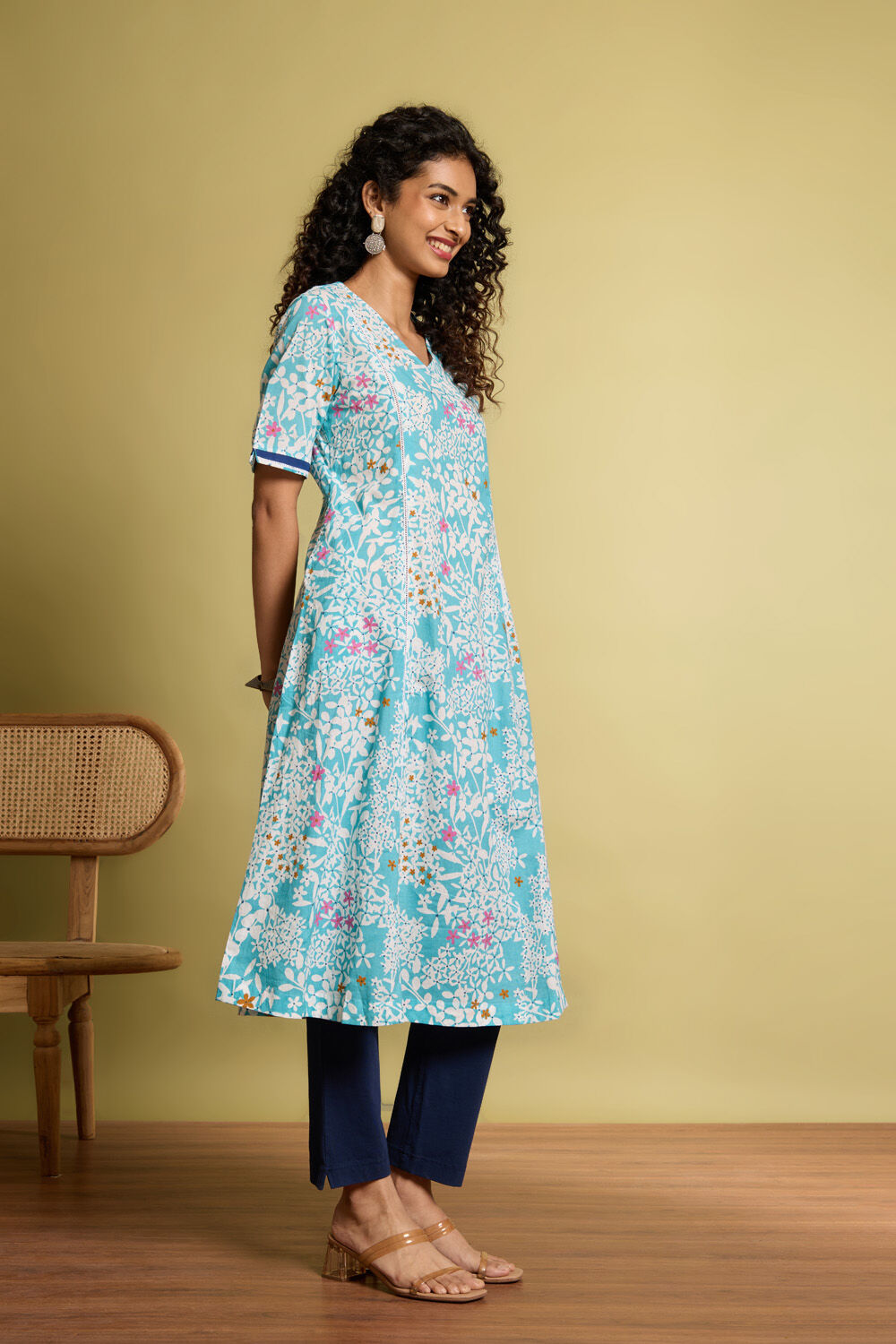 Light Blue Screen Printed Pure Cotton Kurta image number null