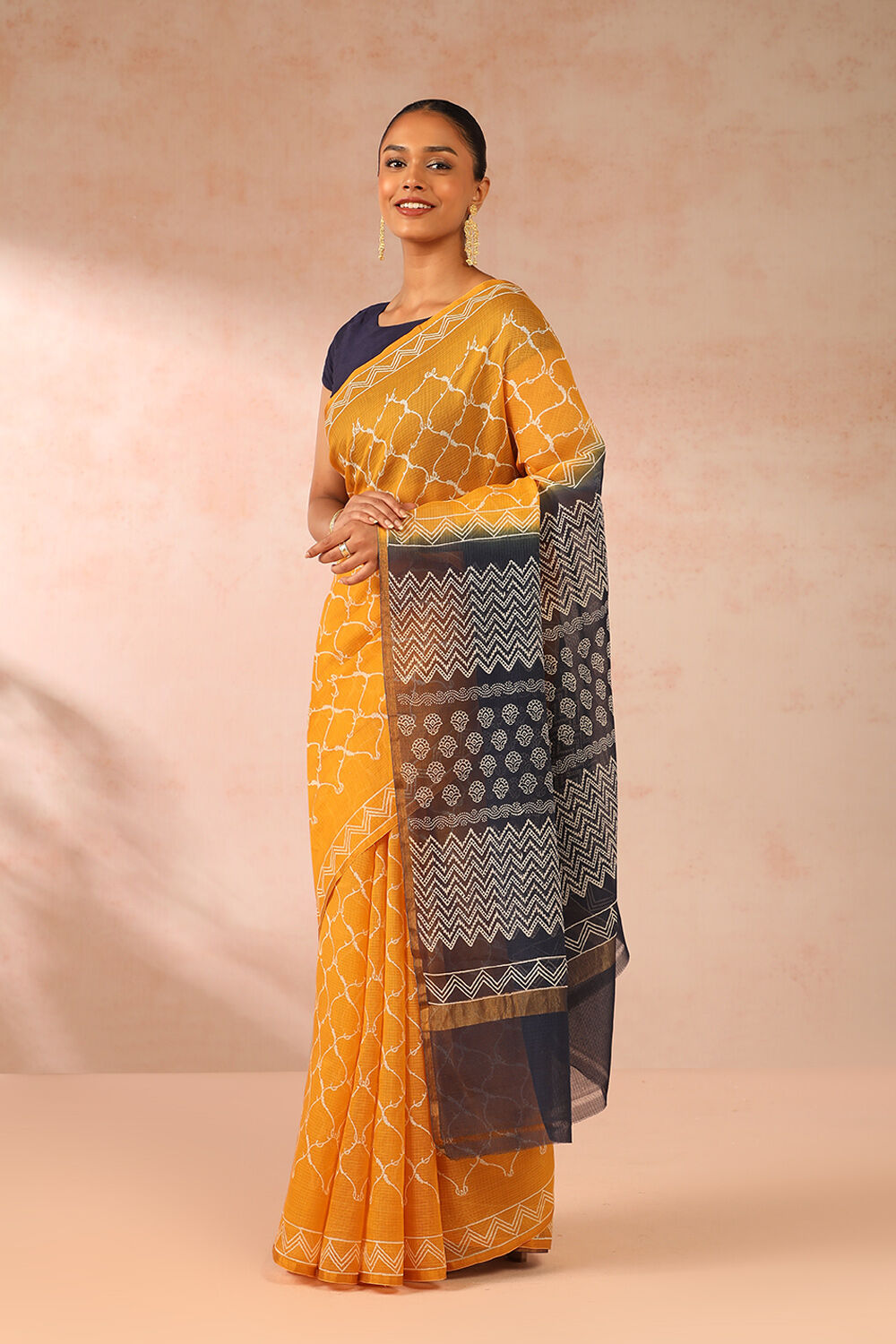 Yellow Rajasthan Block Printed Pure Silk Kota Saree image number null