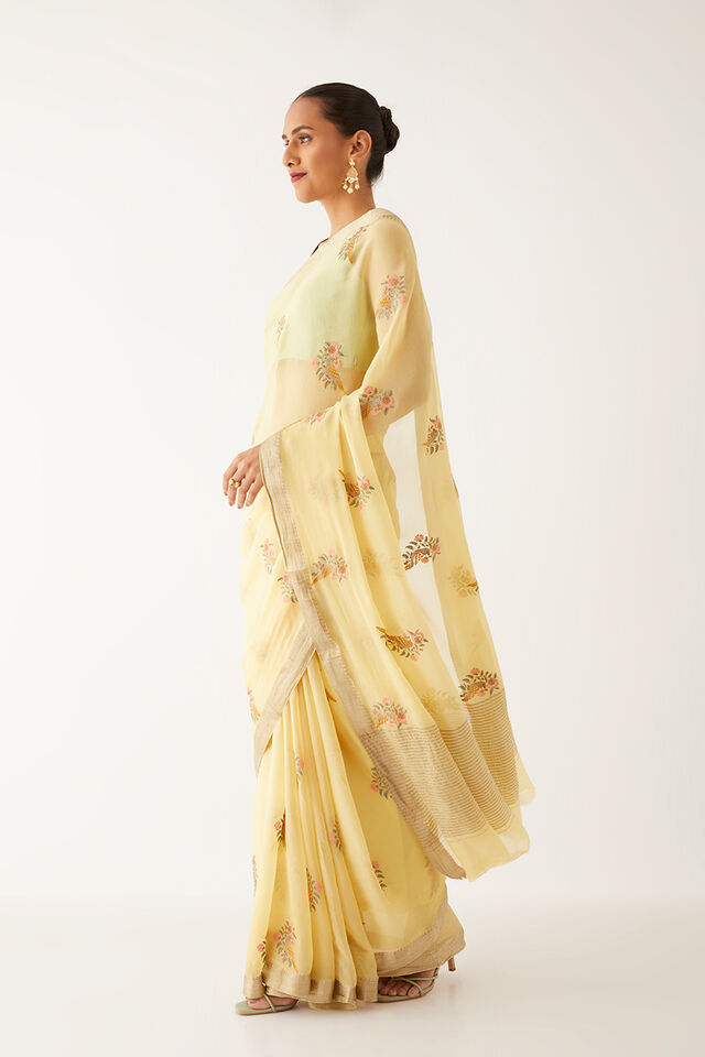 Light Yellow Pure Chiffon Embroidered Saree
