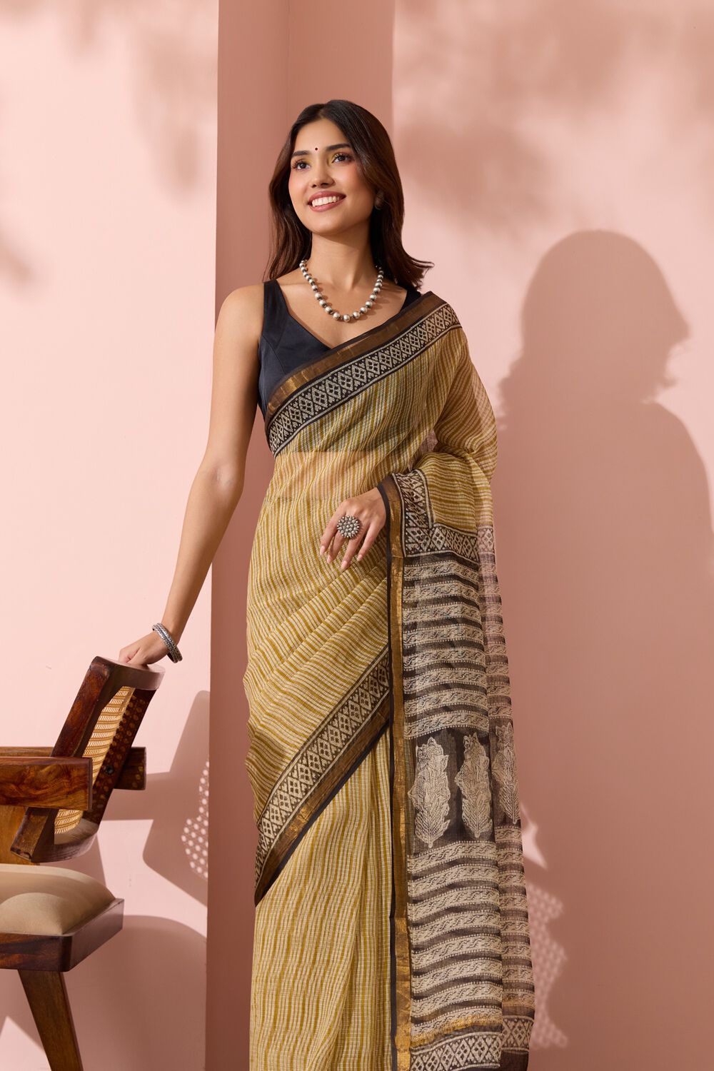 Yellow Rajasthan Bagru Block Printed Pure Cotton Kota Saree image number null