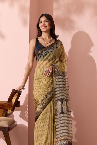 Yellow Rajasthan Bagru Block Printed Pure Cotton Kota Saree image number