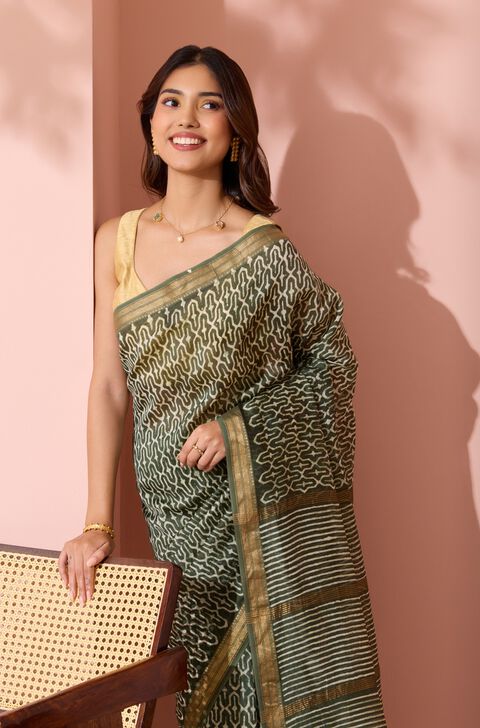 Light Green Ujjain Pure Silk Cotton Batik Saree