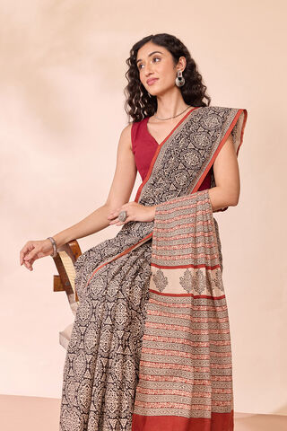 Black Rajasthan Block Printed Pure Cotton Saree image number
