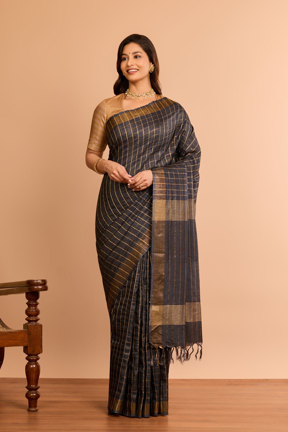 Black Bhagalpur Woven Pure Tussar Silk Saree image number null