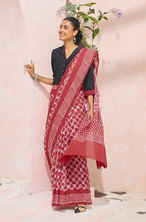 Red Ujjain Pure Cotton Batik Saree