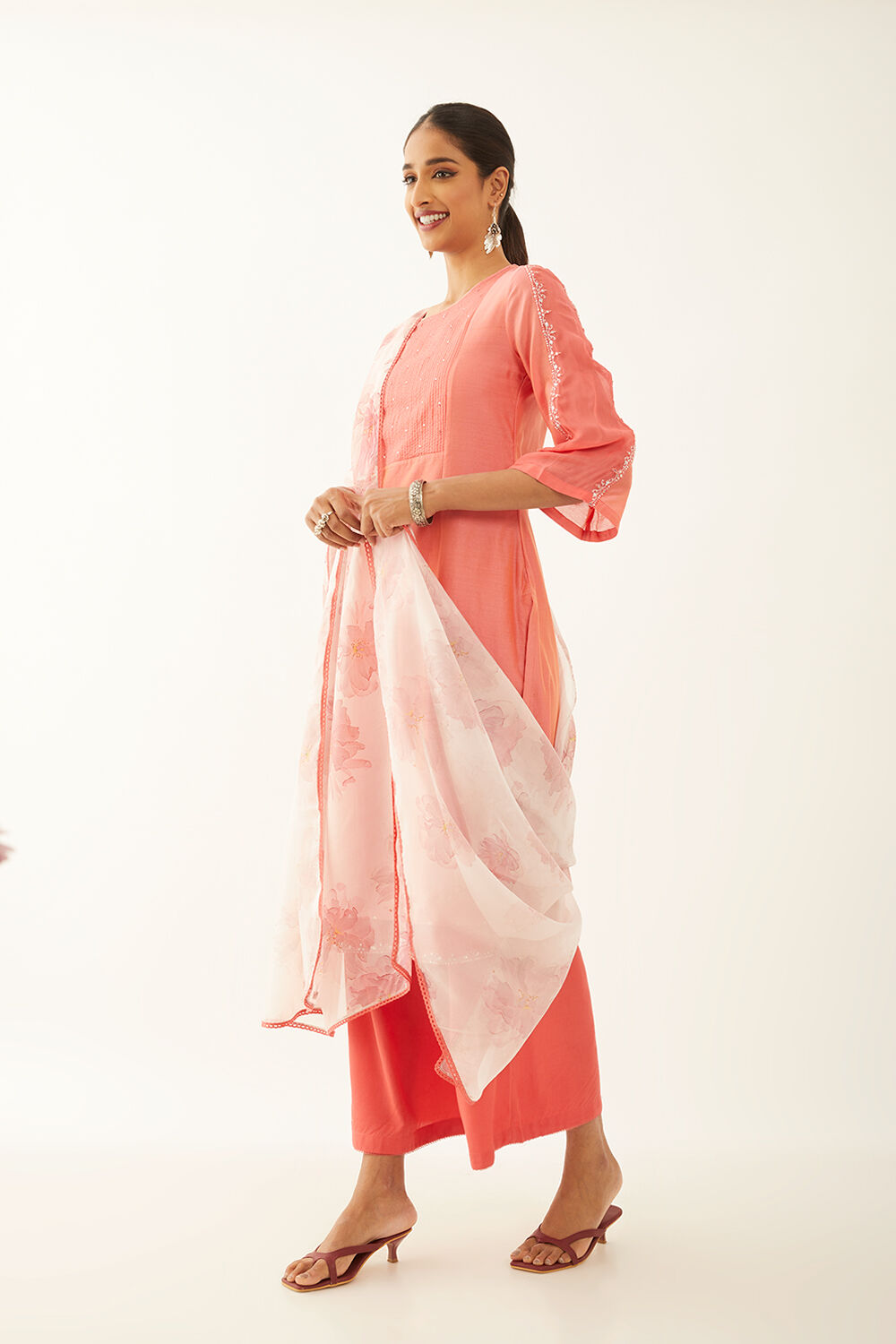 Orange Pure Silk Cotton Embroidered Kurta Set image number null