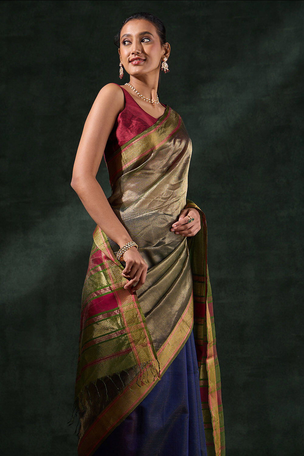 Dark Blue Woven Pure Silk Cotton Maheshwari Saree image number null