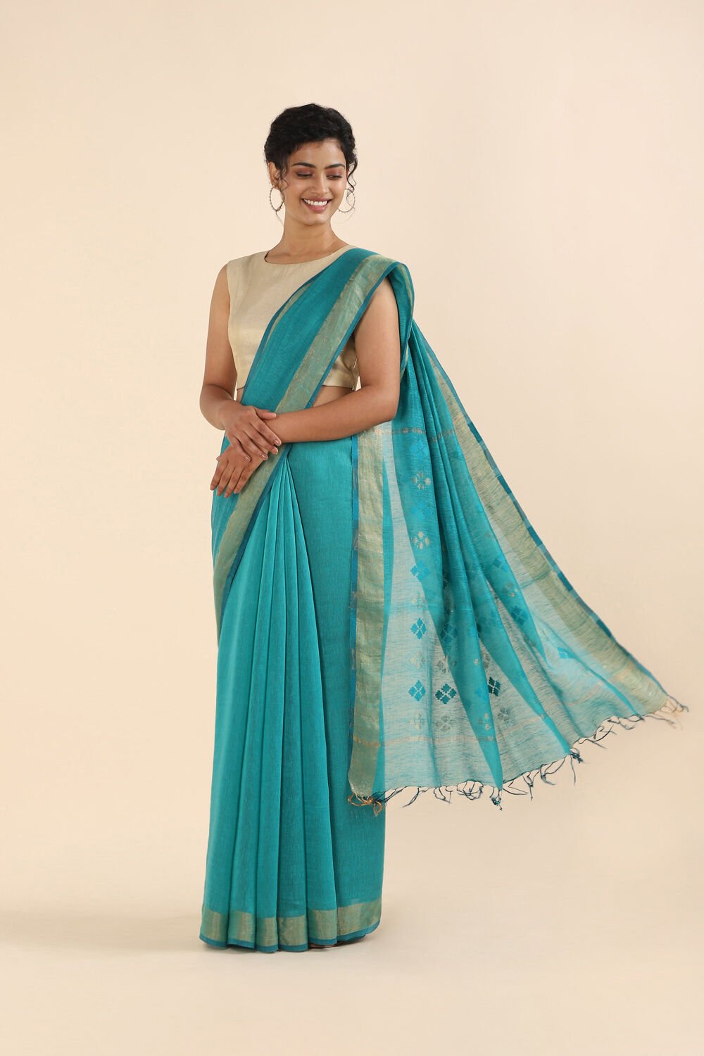 Blue Pure Silk Linen Bhagalpuri Saree image number null