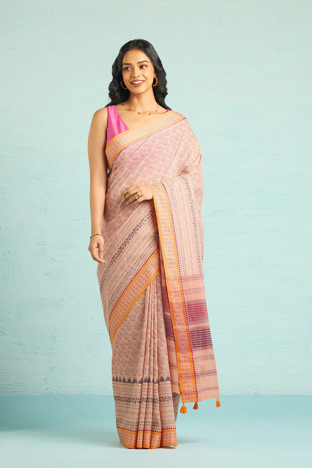 Orange Pure Cotton Block Printed Bengal Saree image number null
