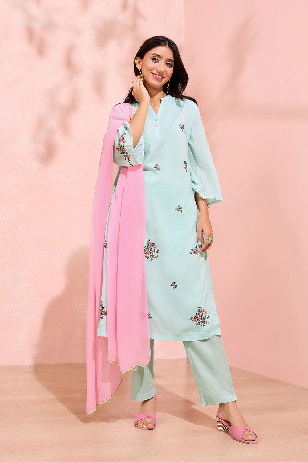 Light Green Viscose Embroidered Kurta Set image number null
