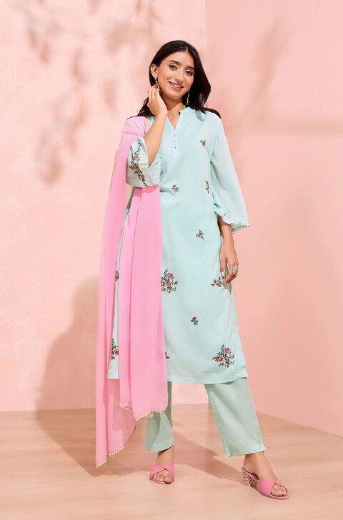 Light Green Viscose Embroidered Kurta Set
