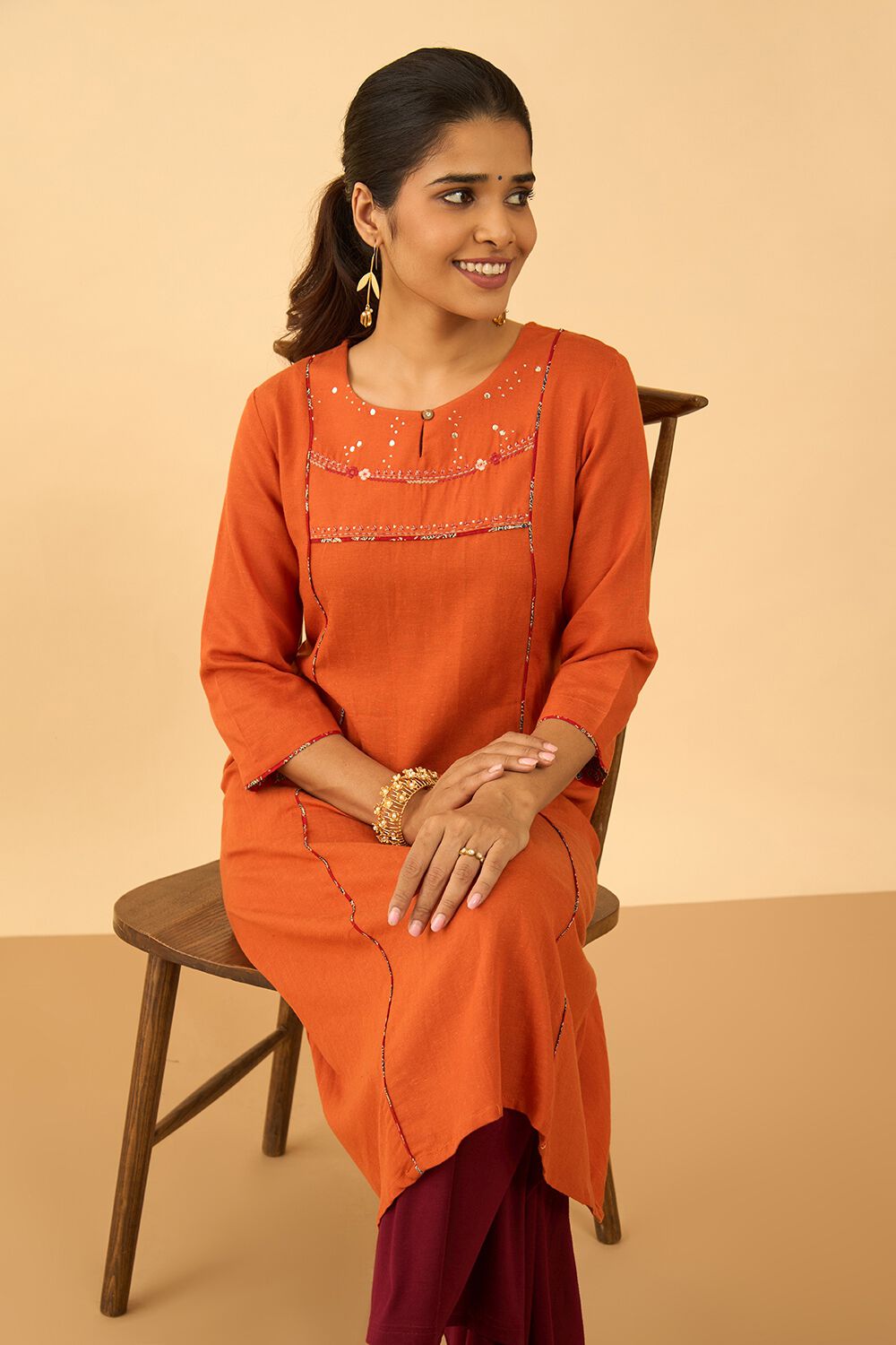 Orange Rayon Cotton Embroidered Kurta image number null