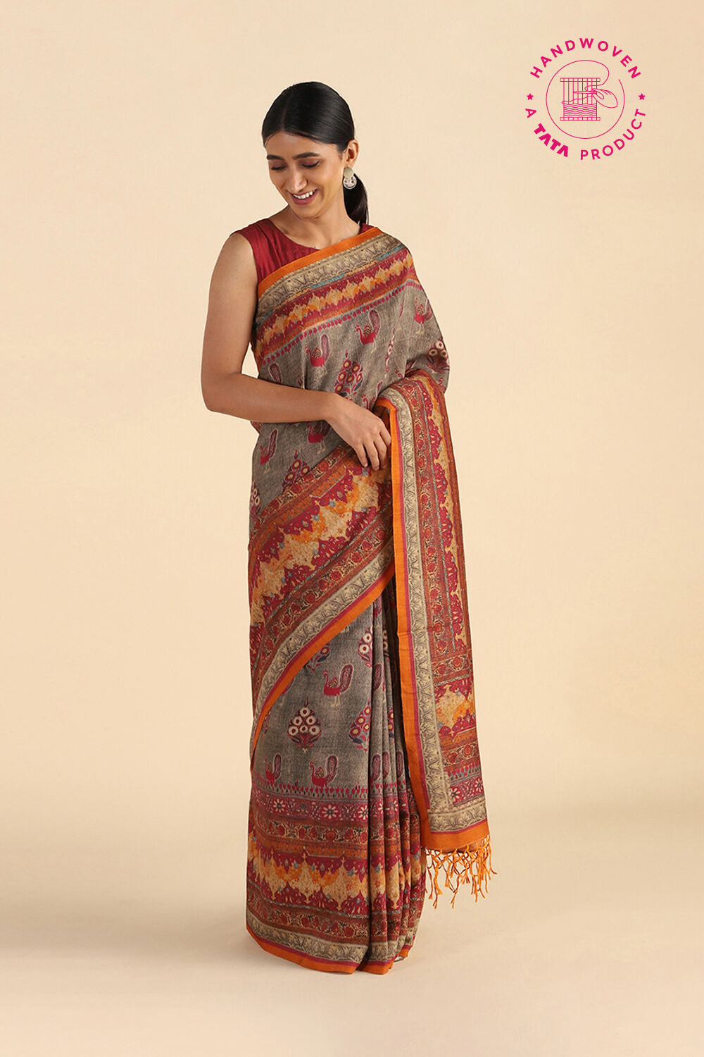 Grey Digital Printed Pure Tussar Silk Saree image number null