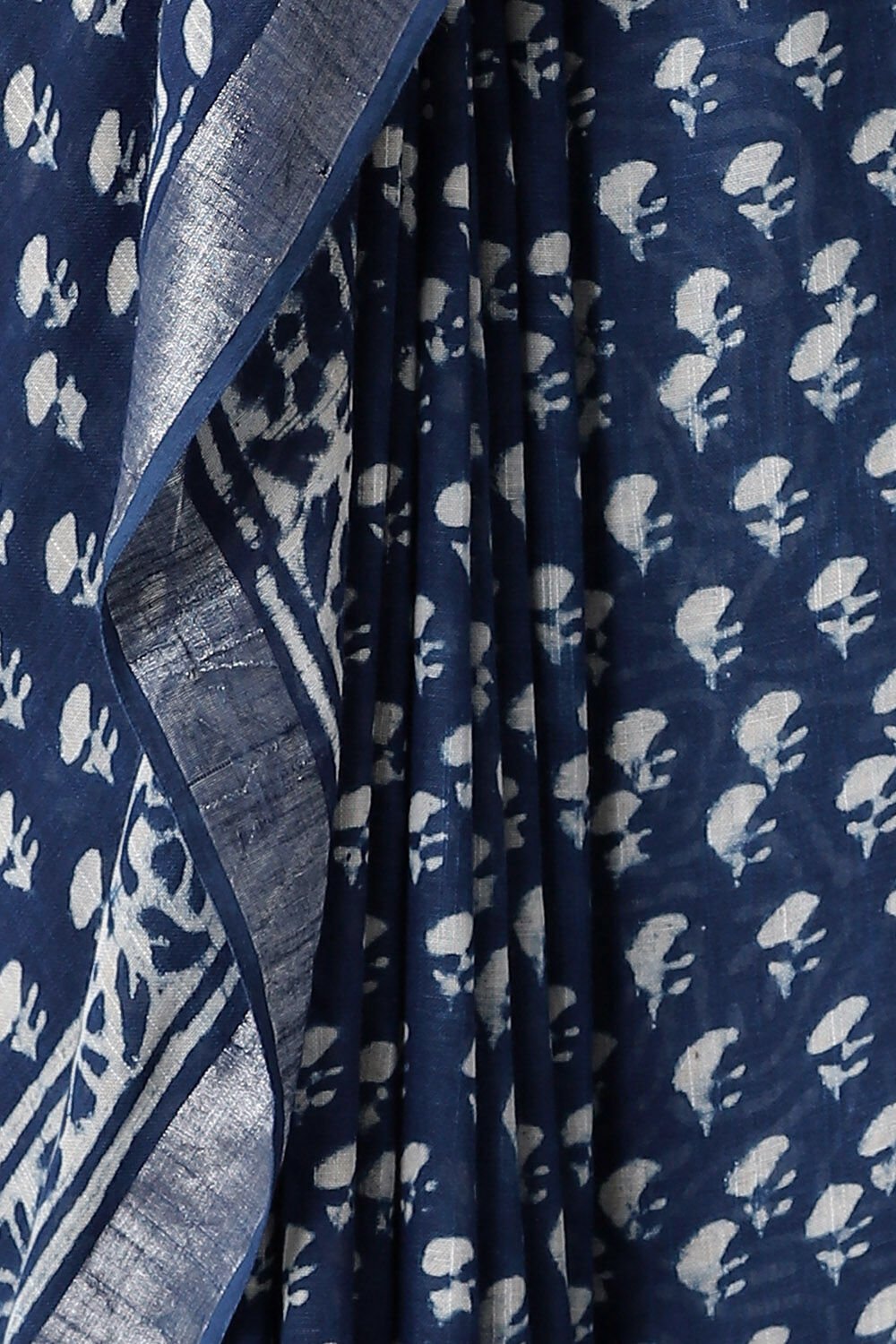 Dark Blue Pure Cotton Linen Bagru Printed Saree image number null