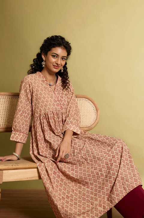 Beige Bagru Block Printed Pure Cotton Kurta