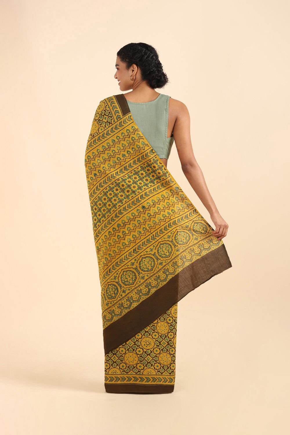 Yellow Pure Cotton Ajrakh Printed Saree image number null
